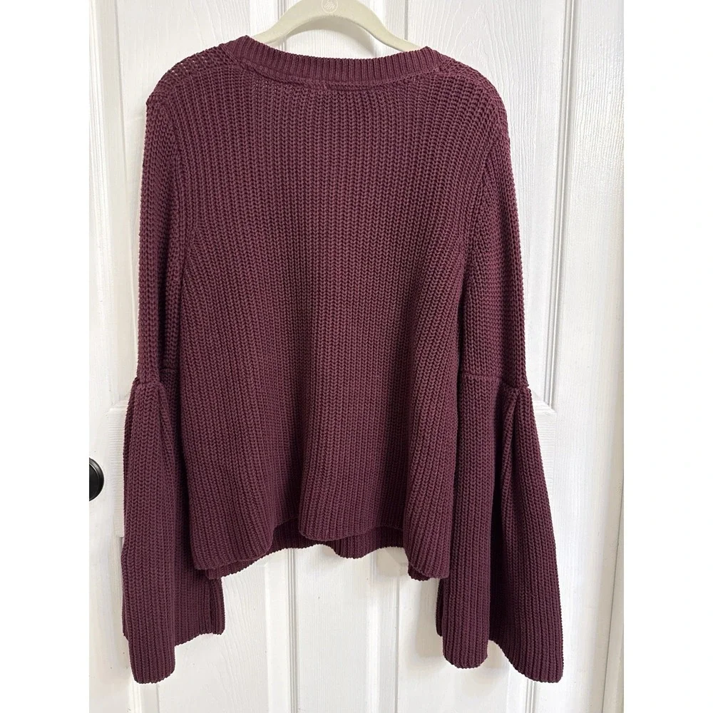 Free People Damsel V-Neck Sweater Bell Sleeve Maroon Knit Boho Hippie Women's L